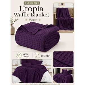 Utopia Waffle Blanket Queen Purple 100% Cotton All Season Bedding New